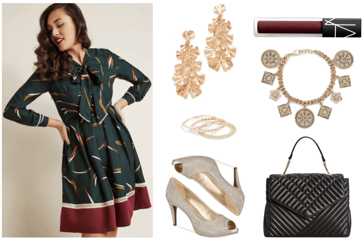 Long-sleeved dark green tie-neck printed dress with pleated skirt, crochet trims, yellow enamel buttons, and burgundy bottom panel; pale gold glitter-fabric peep-toe pumps, gold ginkgo-leaf dangly earrings, ring set with plain gold ring, gold textured ring, and gold ring with clear stones; Nars Velvet Lip Glide liquid lipstick in "Toy," a deep aubergine shade; gold charm bracelet, large black quilted top-handle gold chain-strap bag