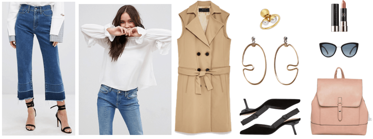 "How to Wear Kitten Heels--Without Looking Frumpy of Juvenile" Outfit #1 featuring cropped kick-flare jeans in medium wash with let-out hem, long-sleeved ivory blouse with ruffles on sleeves, beige sleeveless belted double-breasted trench dress, gold ring with pearl and two dangling pearls, earrings with silver ball stud and gold drop twisted hoops, black velvet slingback kitten-heel pumps with bow and angled heel, Anastasia Beverly Hills Matte Lipstick in "Kiss," a nude rose petal pink shade; black cat-eye sunglasses with blue lenses and silver nose piece, pale beige-y-pink backpack with gold hardware