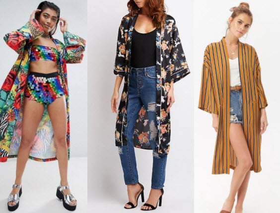 Kimono style with ASOS colorful kimono, Charlotte Russe floral kimono, and Forever 21 pin stripe kimono