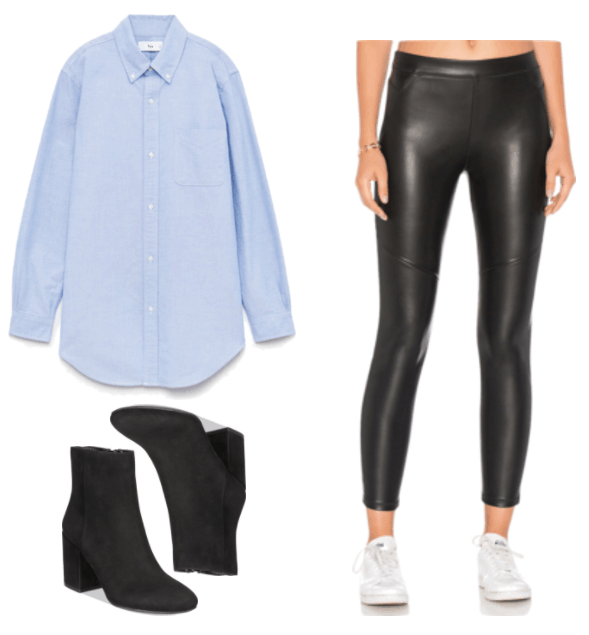 "Turn One Outfit Into Four: Luxe Mash-Up Edition" Outfit #4 featuring tunic-length long-sleeved blue button-up shirt, black block-heel ankle boots with round toe, black faux leather leggings, black a-line mini skirt, pale pink silky camisole with subtle detail around v-neckline, dark mustard-yellow long-sleeved long kimono in silk velvet with tasseled tie around waist, mandarin collar, vented hem at both sides, and buttons at cuffs