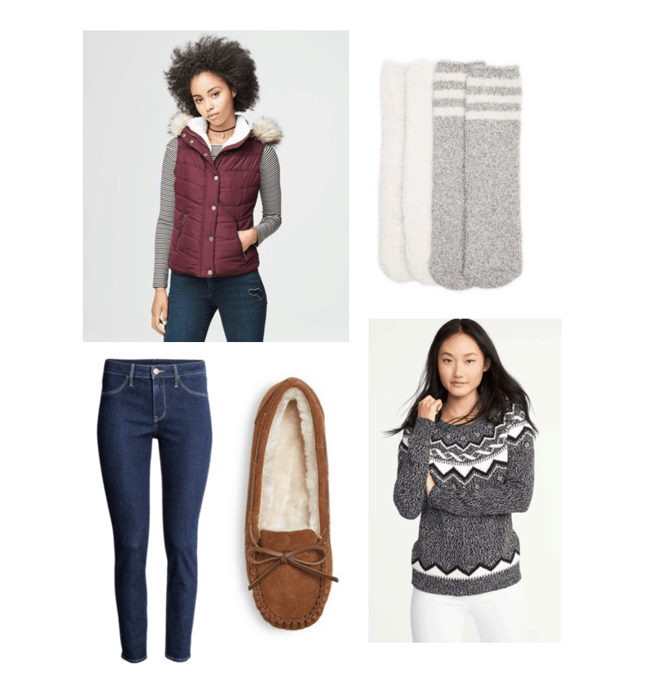 Outfits Under $100 - Finals Week Fashion: Burgundy hooded vest, Fair Isle sweater, skinny jeans, fuzzy socks, moccasin slippers ($84.78)