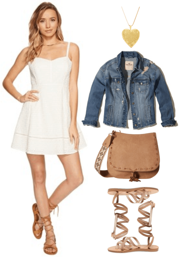 Fashion Inspired by Music Videos: "Tim McGraw," by Taylor Swift--Outfit #1 featuring ivory eyelet spaghetti strap dress with sweetheart neckline, gold envelope earrings, destroyed boyfriend-style denim jacket, camel-colored cross-body bag with embroidered guitar-strap handle and fringe, beige tie-up gladiator sandals