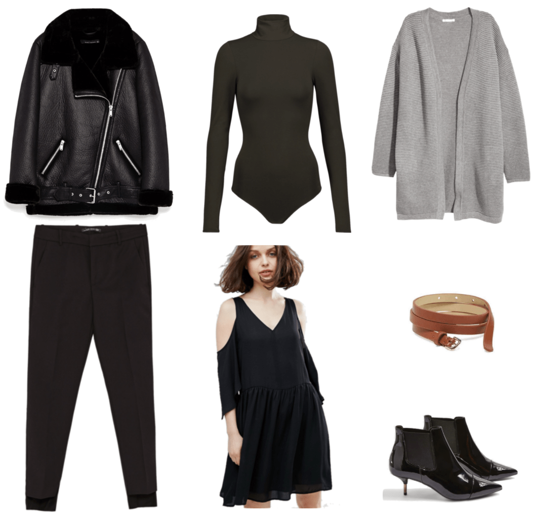 "Turn One Outfit Into Four: Chic Neutrals Edition" Outfit #1 featuring long black faux leather motorcycle jacket with faux fur lining and silver hardware, black asymmetrical-hem slim-fit trousers, black turtleneck bodysuit, black cold-shoulder dress with v-neck, gray open cardigan, cognac-brown skinny belt, patent leather ankle boots with kitten heel, stretch panels at sides, and pointed cap-toe