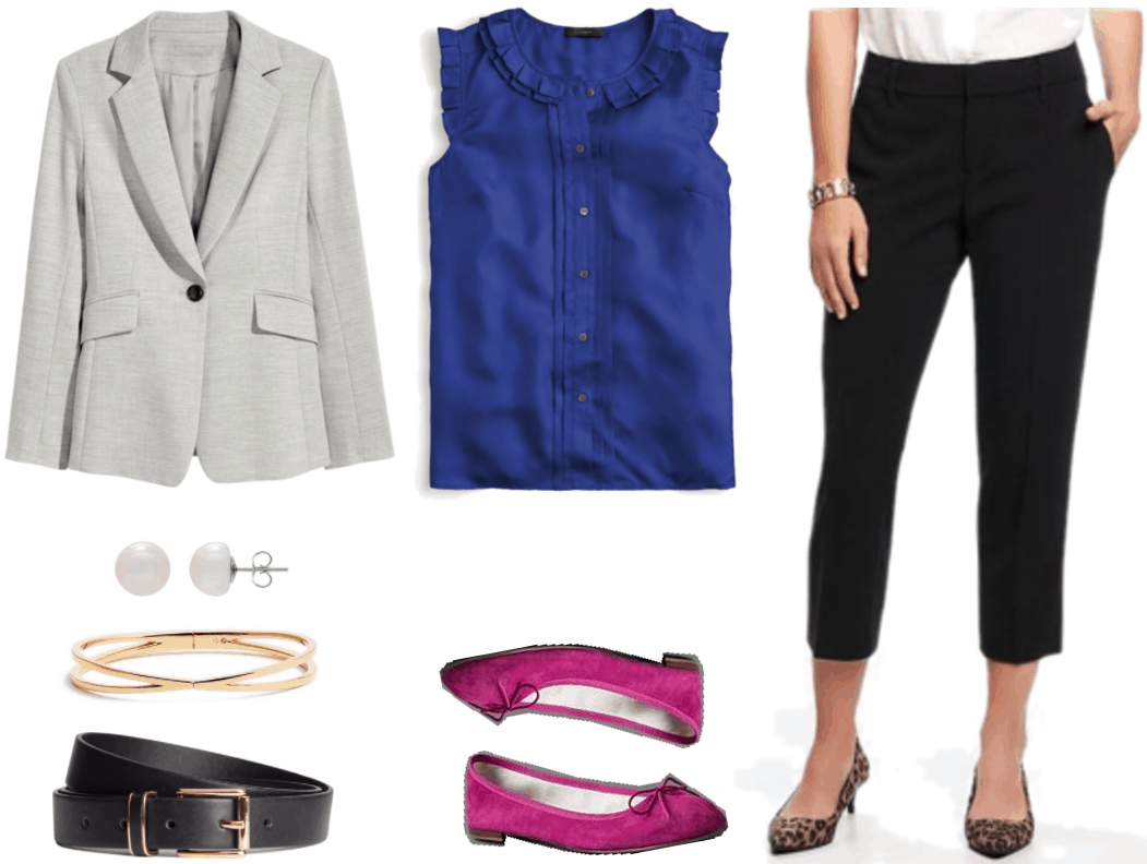 "What Should I Wear For My Video Interview?" Outfit #2 featuring light gray blazer, sterling silver pearl earrings, gold bangle, black belt with gold hardware, cobalt sleeveless blouse with ruffles and pleats, magenta flats with bows, and black cropped pants