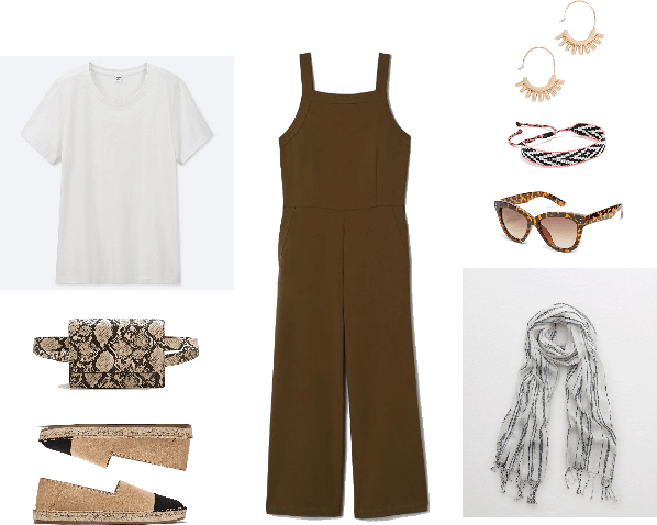 Fanny pack outfit with White crewneck short-sleeved t-shirt, snake-print fanny pack, faux-suede, flat-soled beige espadrilles with black cap-toe; dark khaki green sleeveless jumpsuit, gold semi-hoop earrings with small "sticks," black-and-white beaded friendship-style bracelet with black, white, and hot pink thread; tortoise shell print oversized cat-eye sunglasses - Old Navy, Scarf - American Eagle Outfitters﻿