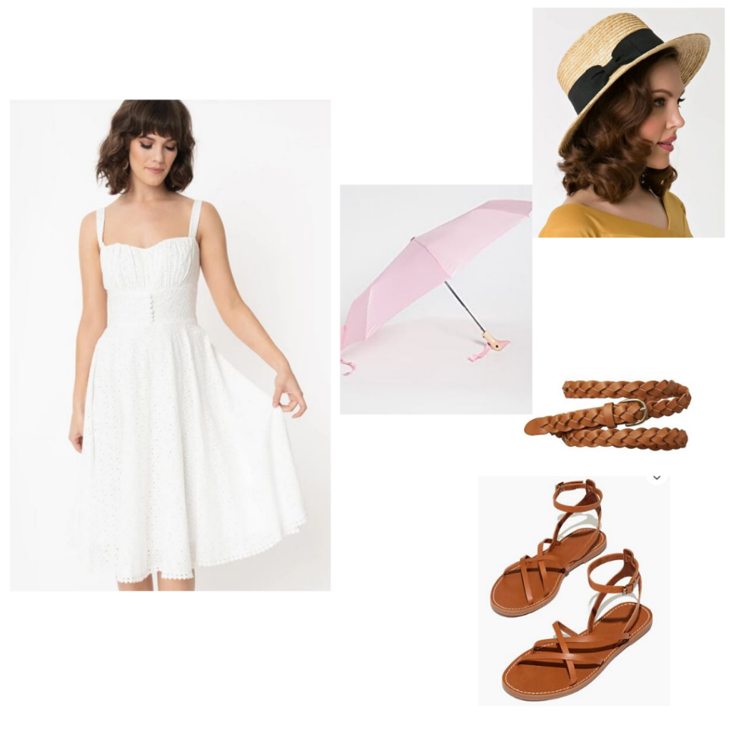 Audrey Hepburn summer outfit idea: White eyelet fit and flare dress, straw hat, pink umbrella and brown leather shoes and belt.