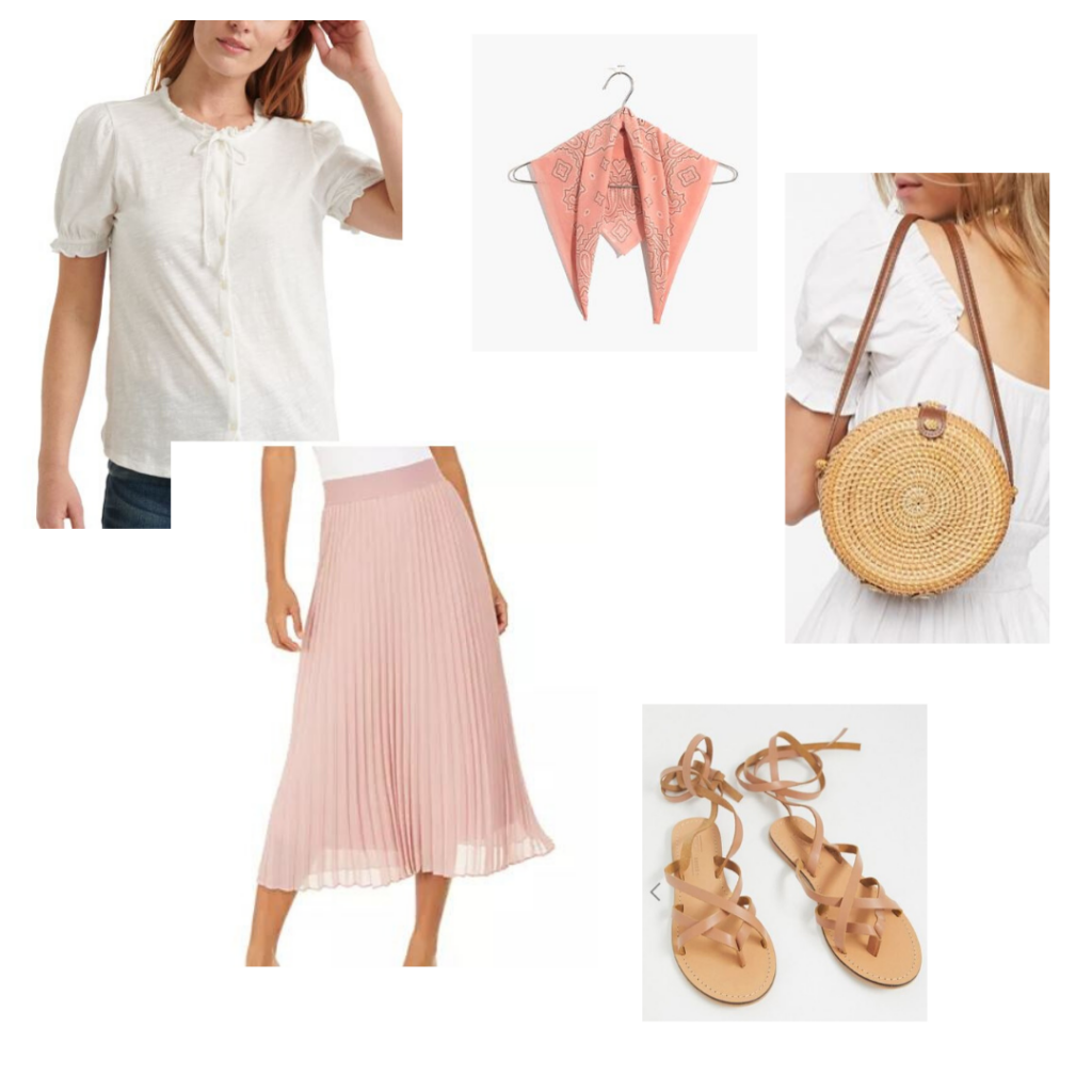 Lucky brand white blouse, pink midi skirt, pink scarf, woven purse, strappy sandals