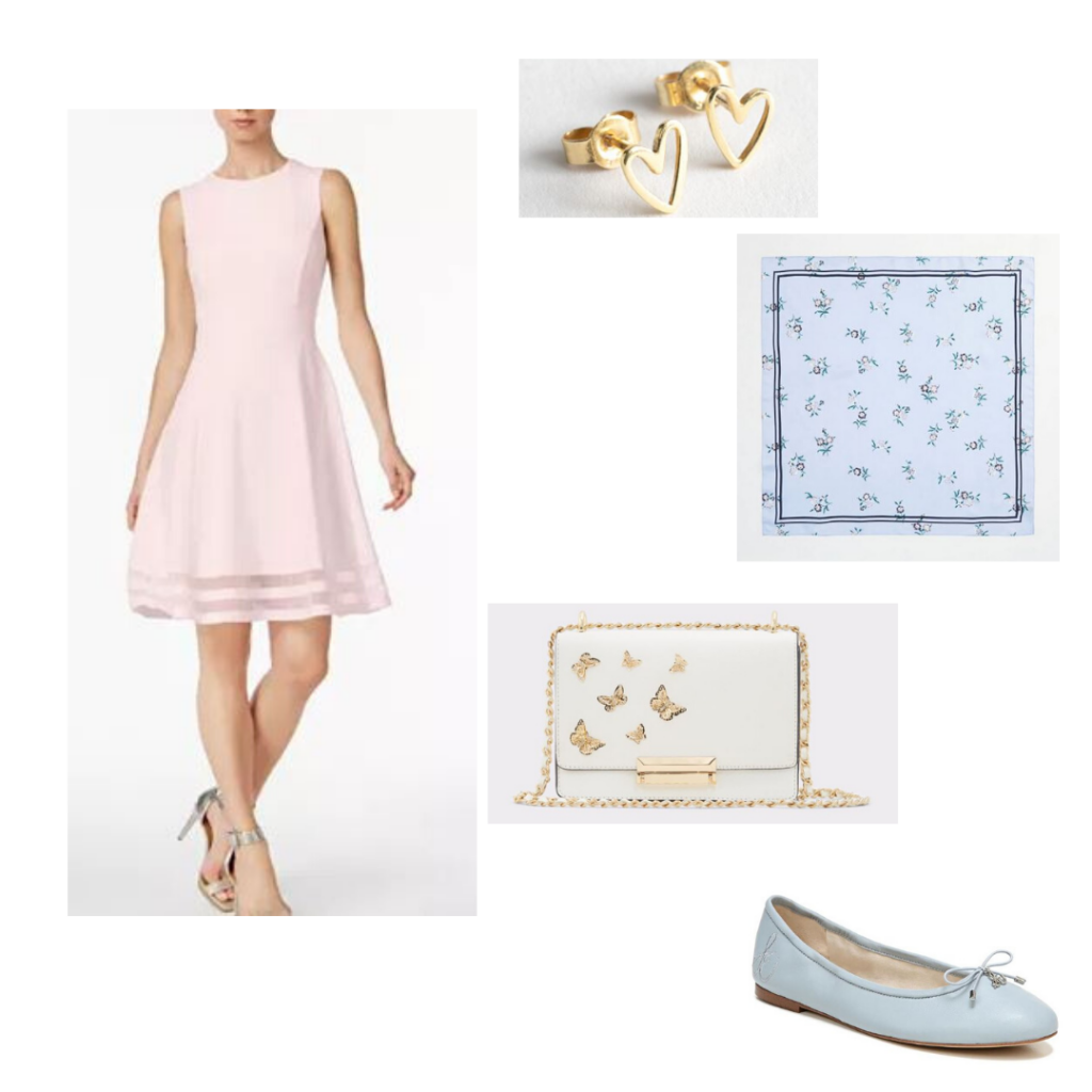 Pink Calvin Klein dress, heart earrings, floral blue scarf, butterfly embellished clutch, blue ballet flats