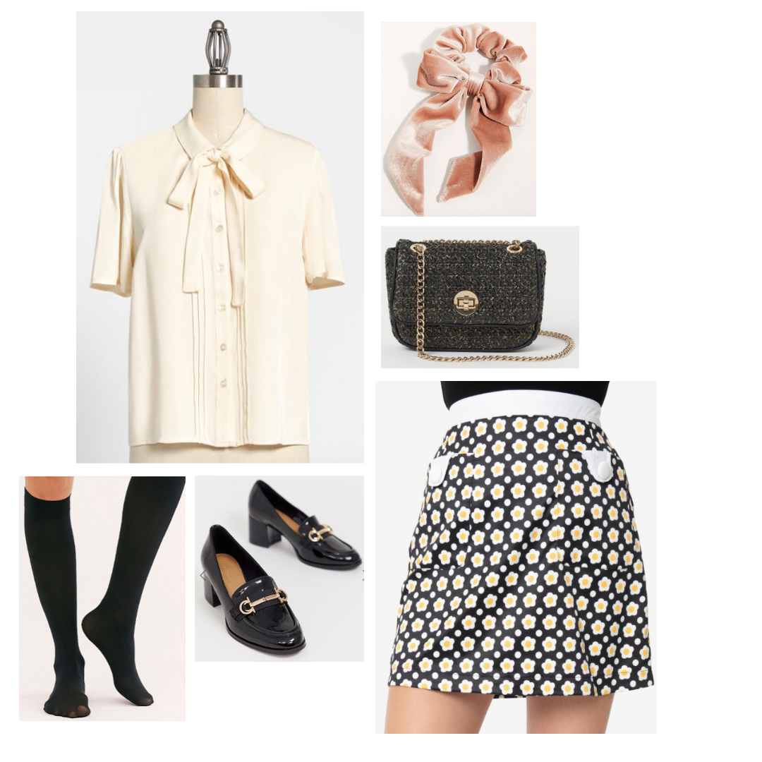 Look inspired by Astrid: cream blouse with bow, daisy print skirt, tall socks, oxford loafers