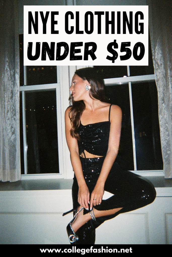 Photo of a woman wearing a matching black sparkle pants and top set with the words "NYE Clothing Under $50"