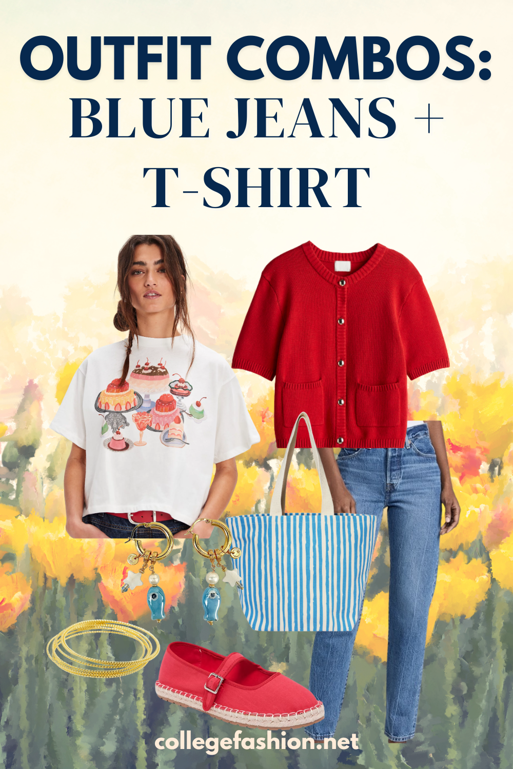 Graphic t-shirt, blue jeans, short sleeved red cardigan, red espadrilles, blue striped tote bag, blue fish earrings, golden bangles